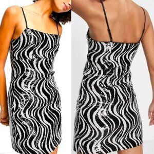 & Other Stories Wave Sequin Mini Dress in Black and White Bodycon Glam Size
